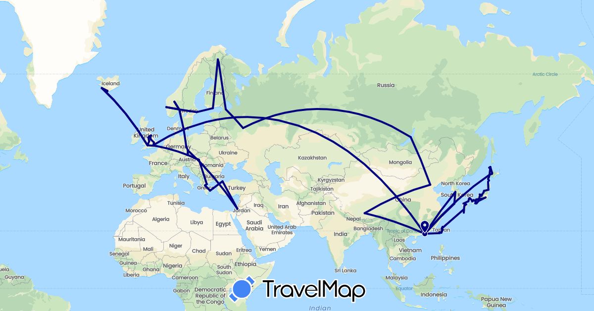 TravelMap itinerary: driving in China, Czech Republic, Germany, Denmark, Finland, United Kingdom, Greece, Hong Kong, Hungary, Israel, Iceland, Japan, South Korea, Norway, Russia, Sweden, Turkey, Taiwan (Asia, Europe)